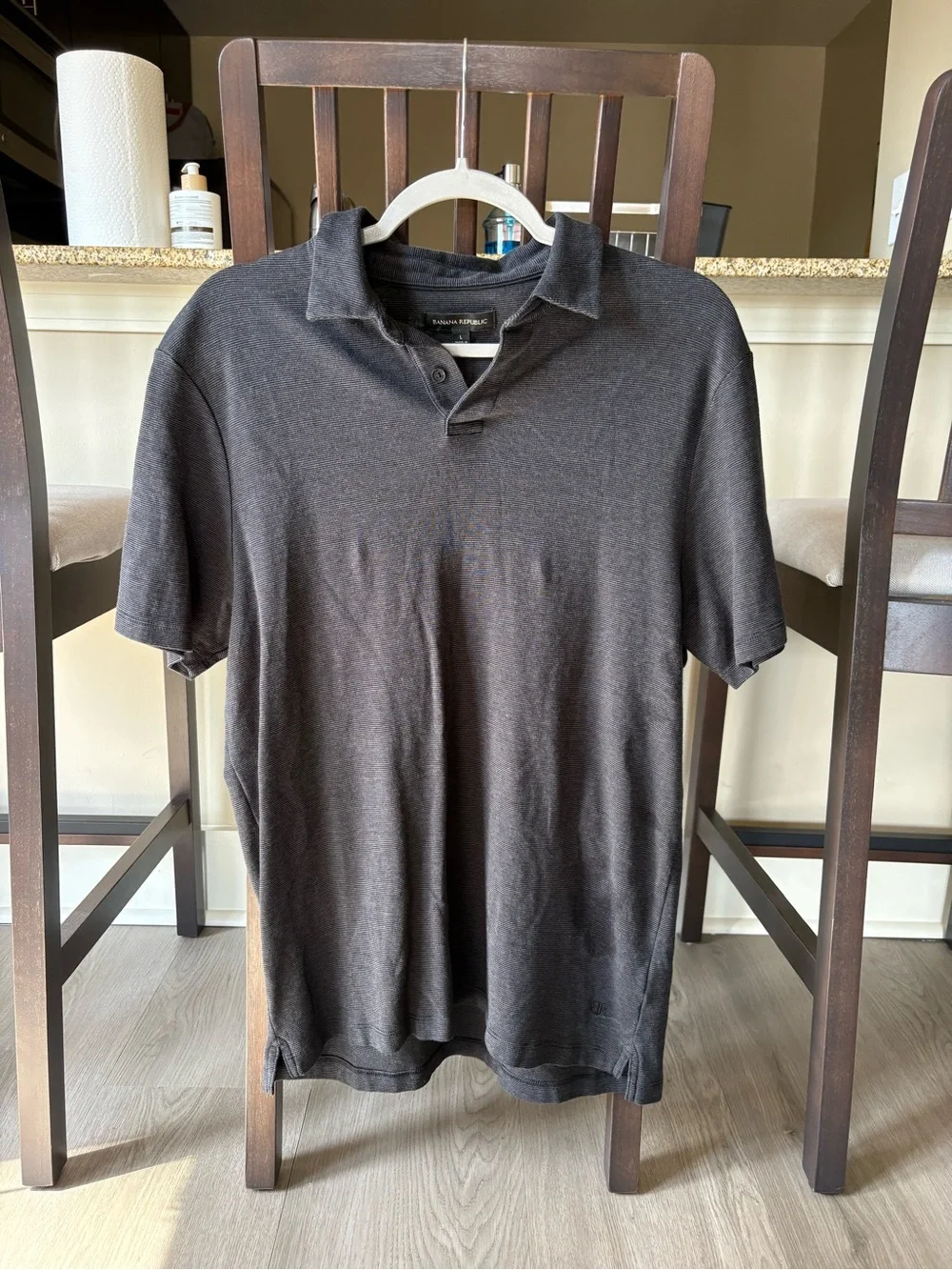 Banana Republic Men's Striped Charcoal Polo Shirt